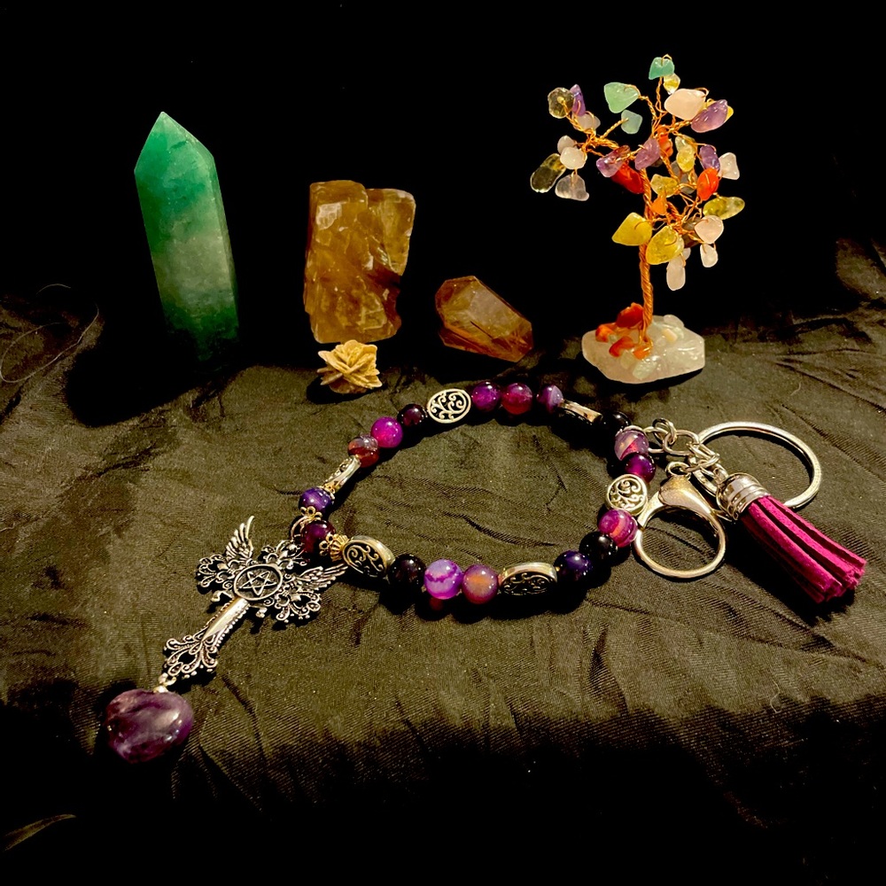 Handmade Key Fob Featuring An Angel Wing Pentacle, with a Hanging Amethyst Heart